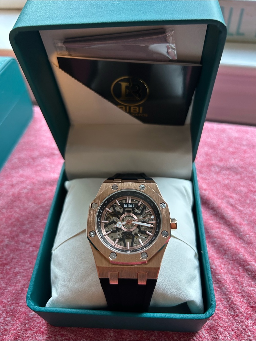 BiBi Rose Gold Skeleton Dial Watch with Black Strap in Display Box